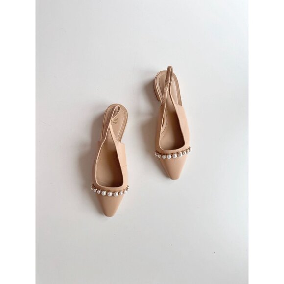 ZARA Tan Beige Leather Pearl Trim Pointed Toe Slingback Ballet Flats, Size 37 - Picture 1 of 14